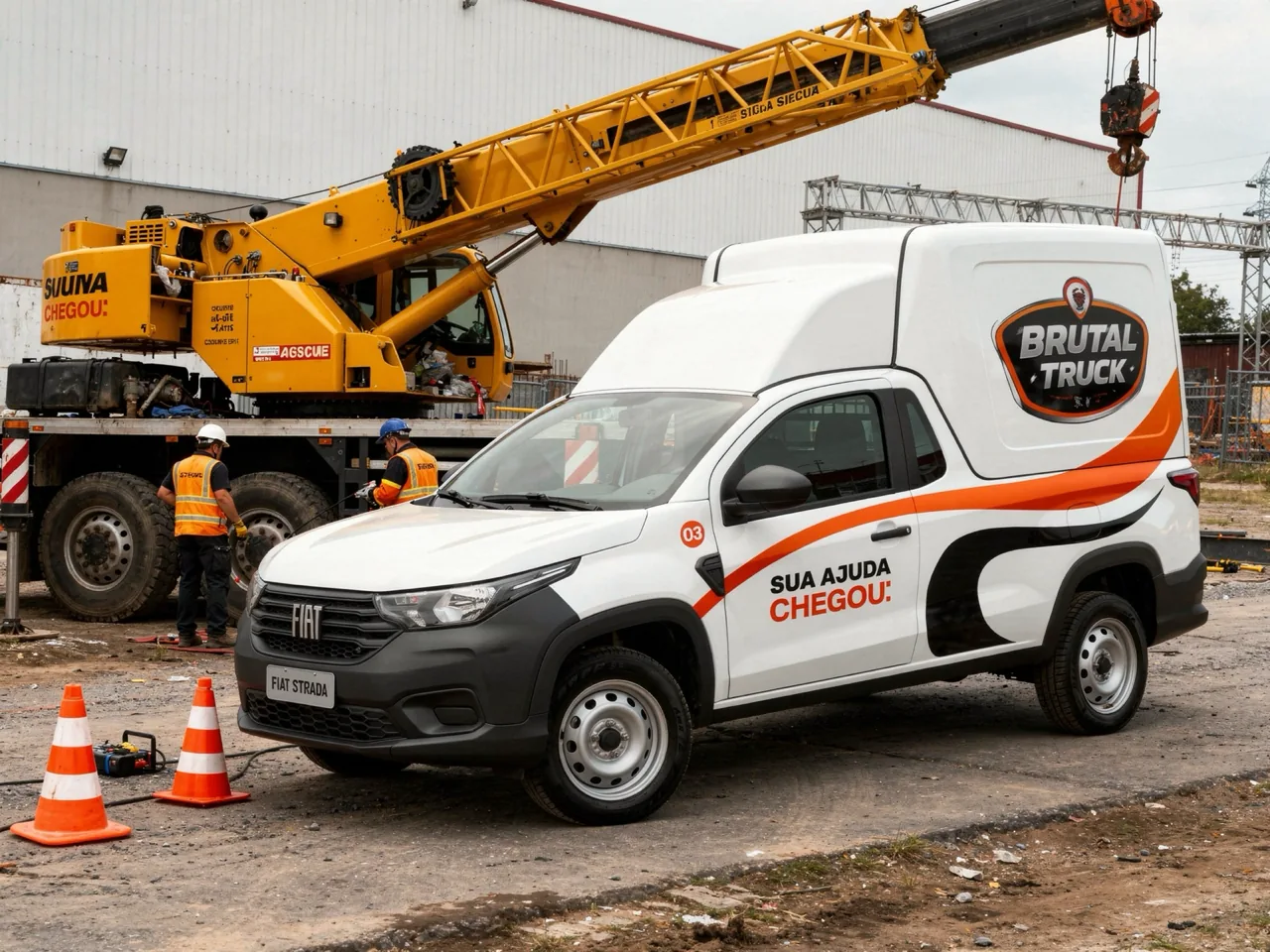 Guindaste em operação com veículo Brutal Truck em obra